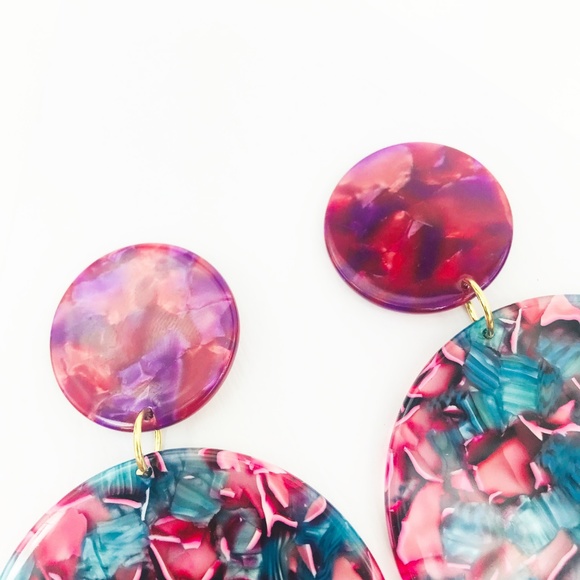 Circle Drop Earrings in Pink and Blue w/ Pink Stud - Picture 4 of 8